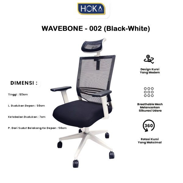 Kursi Kantor HOKA Indonesia Type WAVEBONE-002 ( Black White ) - Gambar 3